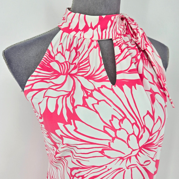 Katherine Way Dress Womens Medium Pink White Floral Stretch Knit Bow at Neck - Picture 6 of 11